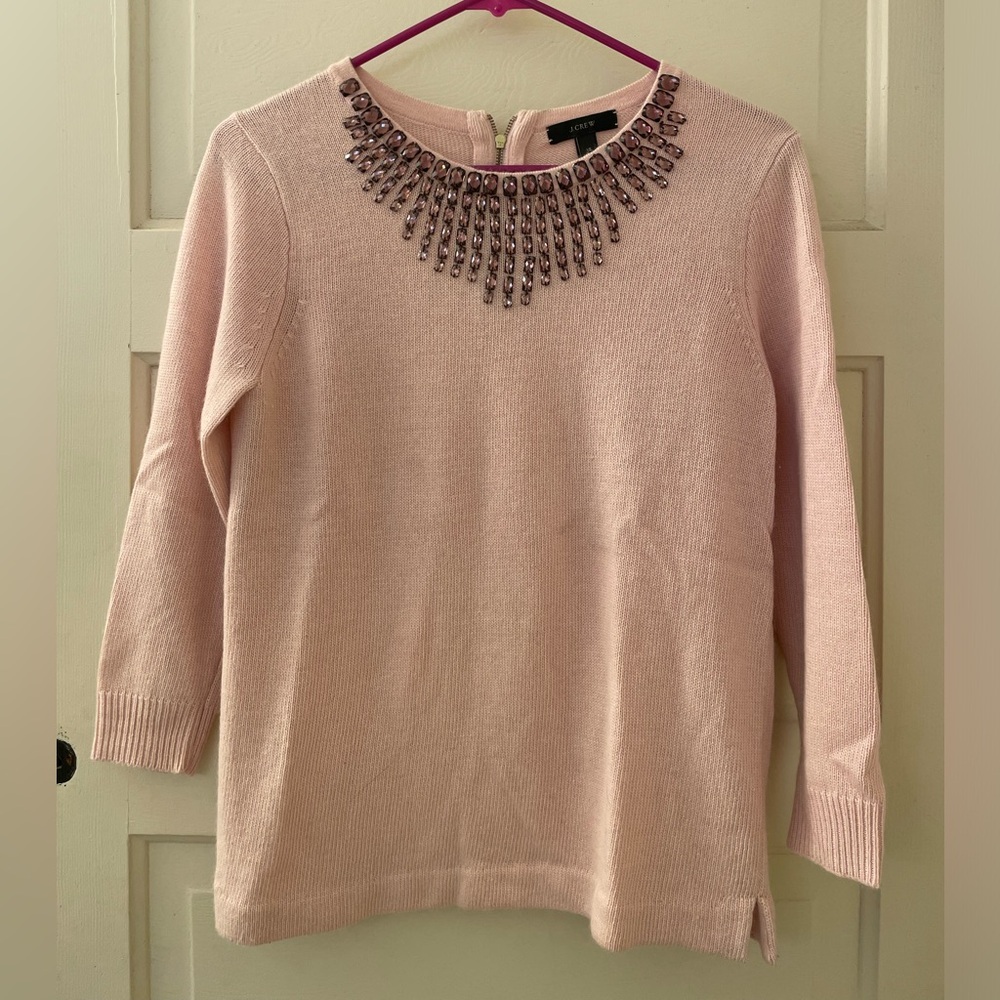 J Crew jewel-embellished light pink soft 3/4 length sleeve sweater